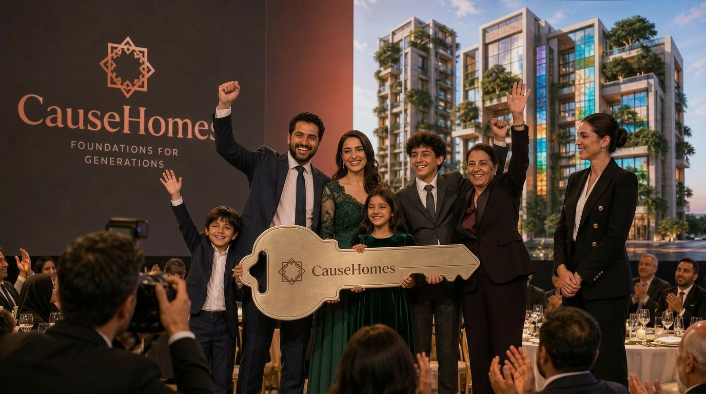 CauseHomes graduation gala — a family receiving a ceremonial key on stage while guests applaud